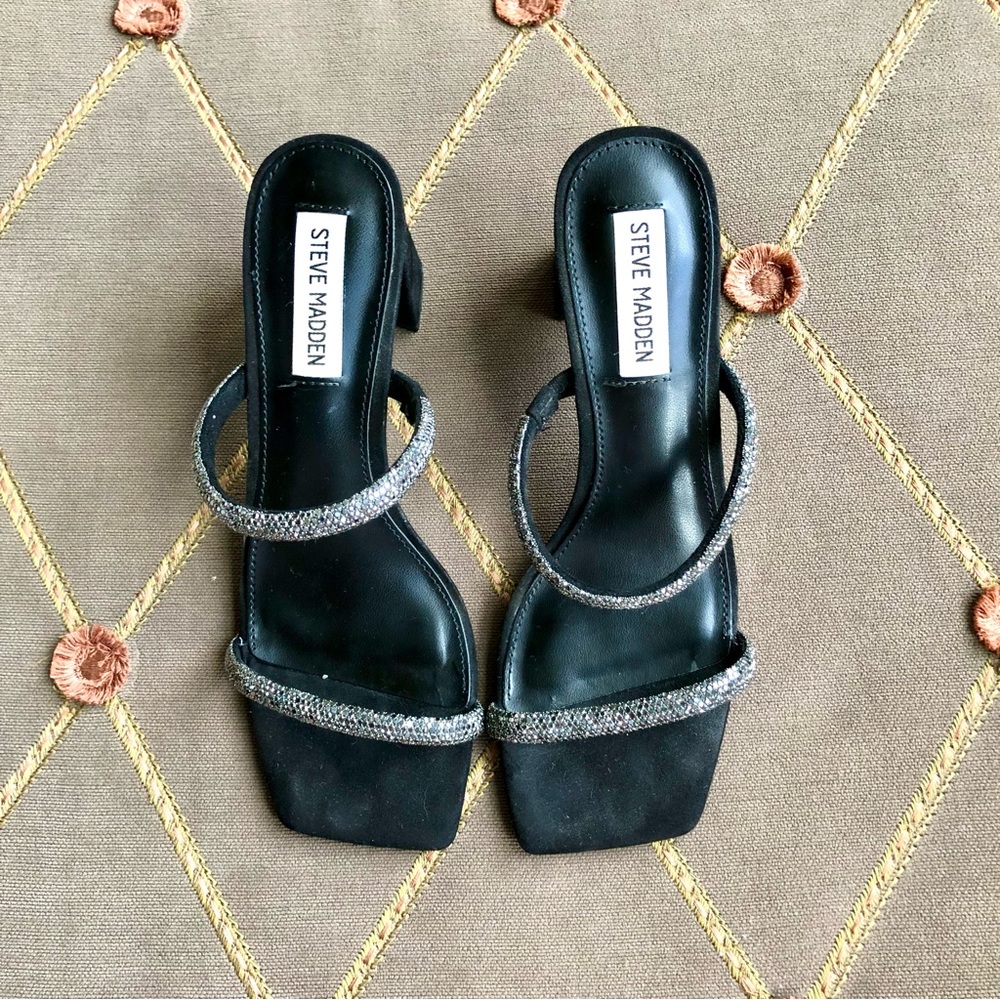 Sold Steve Madden Sandals Slides with High Heel in Silver Sparkle & Black (7.5) - Picture 2 of 7